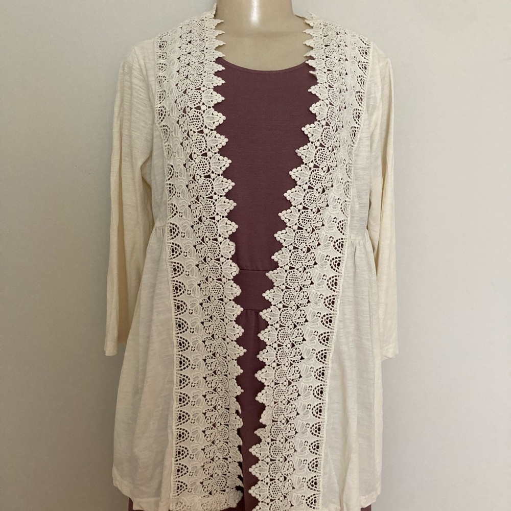 April Cornell Cream Crochet-Trim Open Cardigan